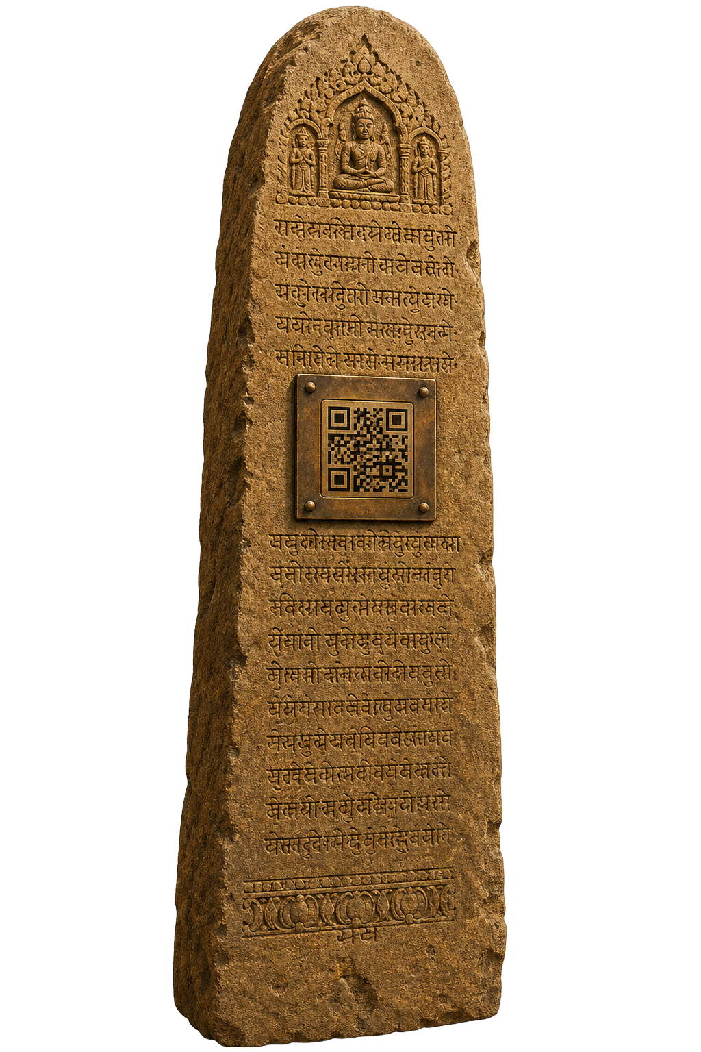 Ancient Nepali Lichhavi-era stone inscription with bronze QR plaque