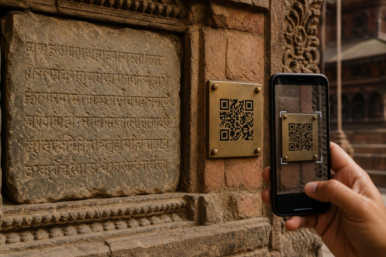 A hand holding a phone scanning a bronze QR plaque mounted beside a carved stone inscription on a Bhaktapur temple wall.