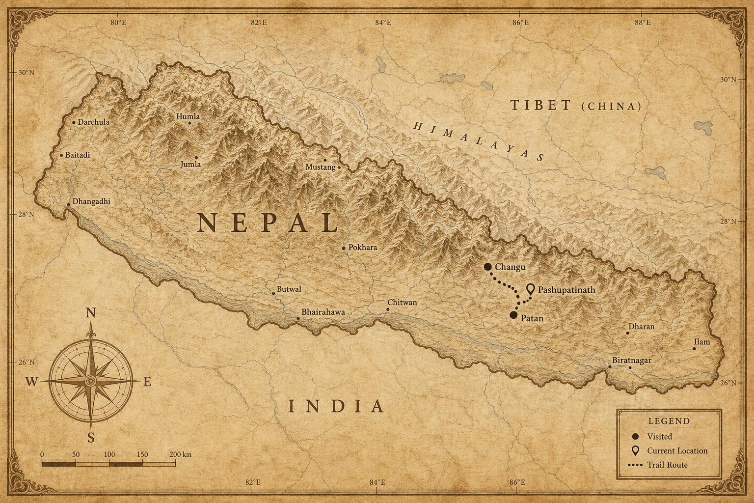 An aged parchment map of Nepal with a dotted trail connecting Changu, Patan, and Pashupatinath.